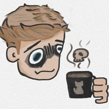 Digital drawing of a sleepy character holding a coffee mug — my GitHub avatar